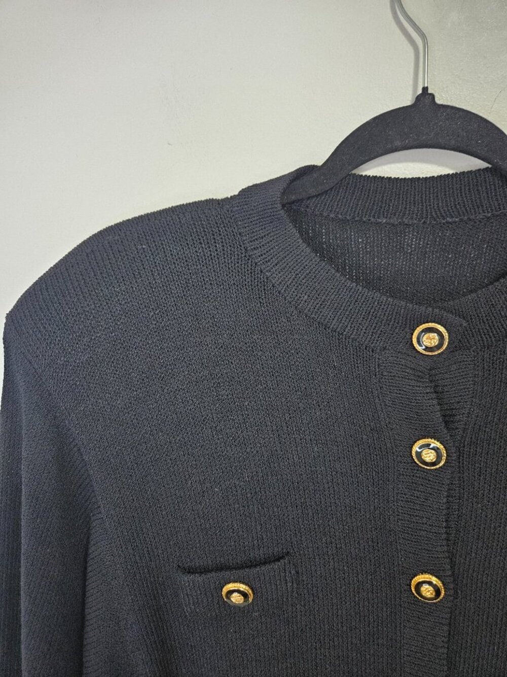 Vintage St. John Santana Knit Black Midi Dress Sz L Gold Logo Buttons Pull-On - Picture 3 of 9